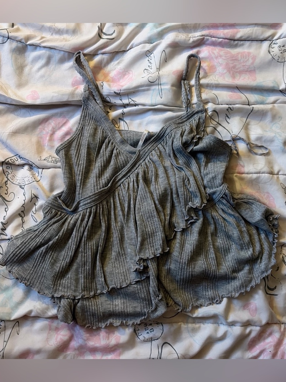 Free People Gray Ribbed Ruffle Camisole